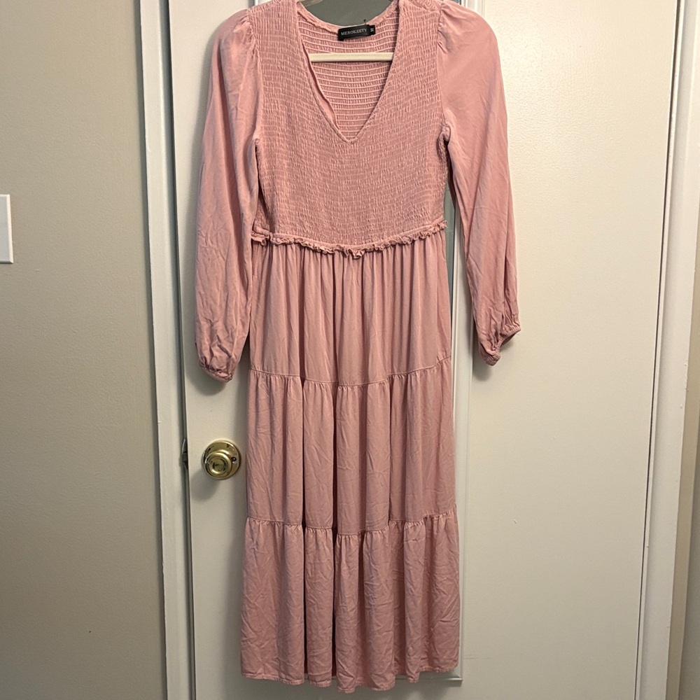 Chic Long Sleeve Pink Maxi Dress